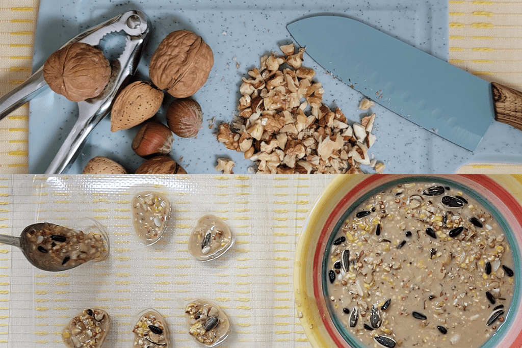 Chopped nuts and birdseed mixed with peanut butter and coconut oil to make little treats for squirrels