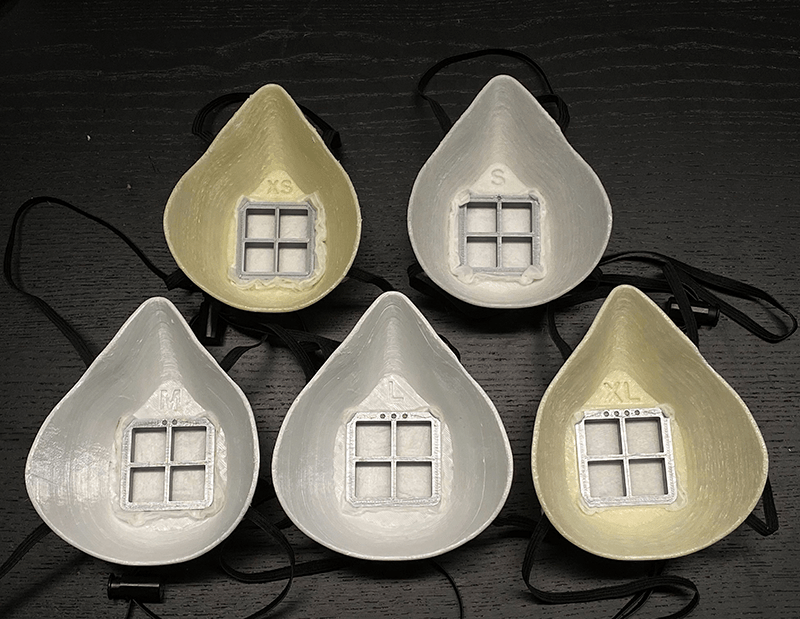 All five sizes for the 3D Printed BECMv1 - (Buffalo e-NABLE Crisis Mask) displayed in one photo