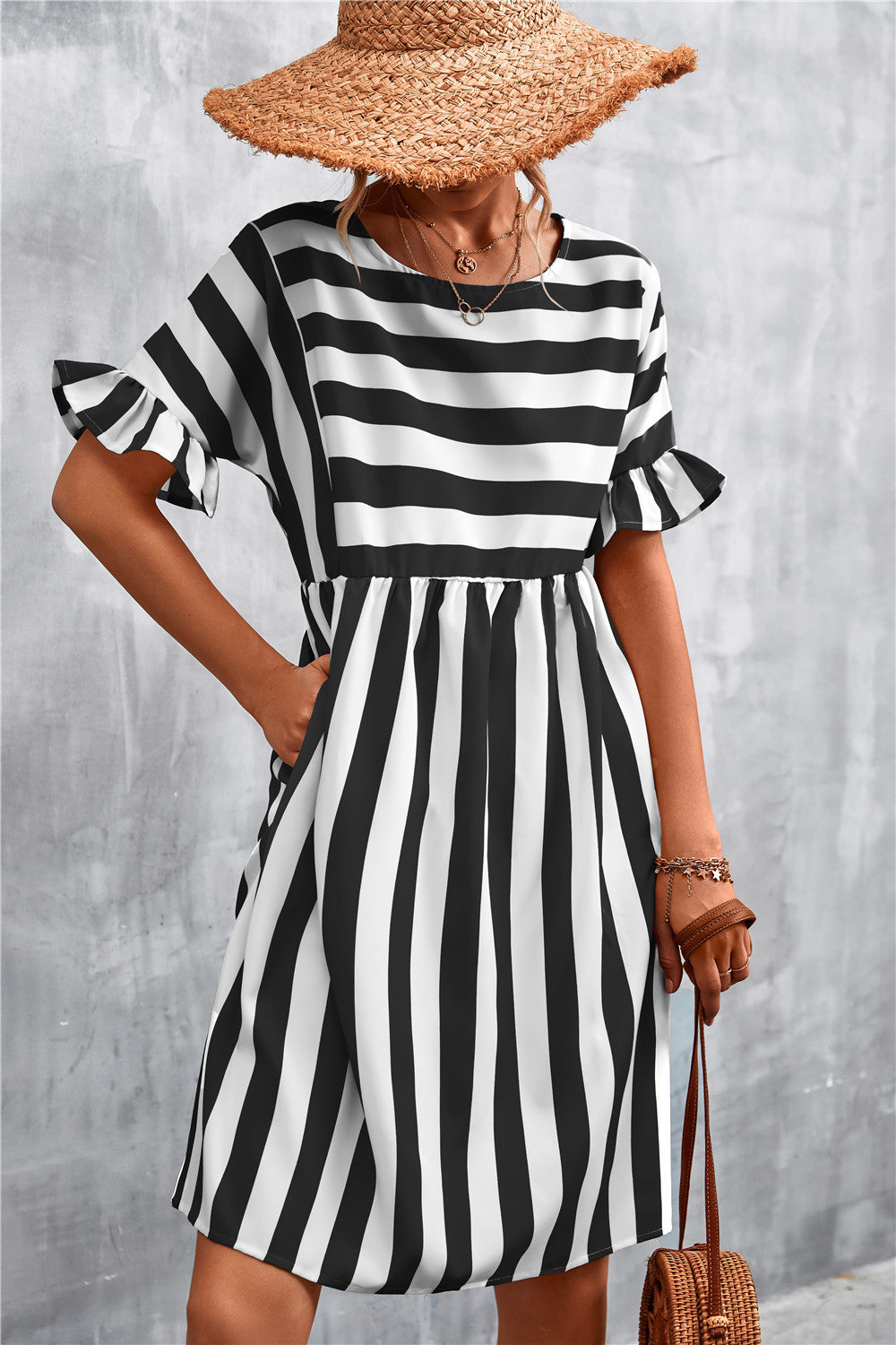 Striped Flounce Sleeve Dress