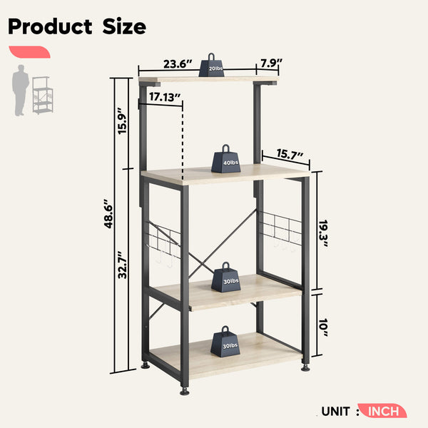 4-Tier Kitchen Bakers Rack with adjustable and removable shelves and Hooks