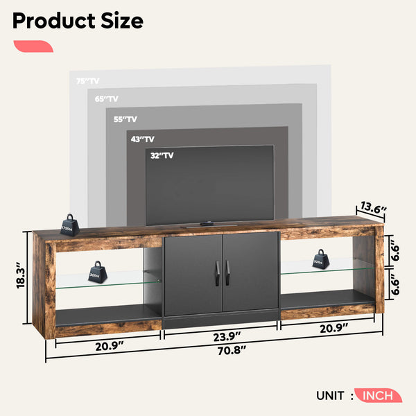  Bestier Entertainment Center, Gaming TV Stand for 70 inch TV,  LED TV Stand with Modern Glass Shelve, TV Media Console for Video Games,  Movies, Home Decor, Rustic Brown : Home 