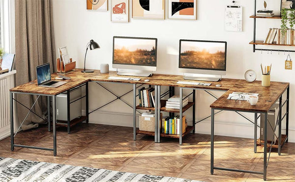 Bestier modern furniture 95'' Two Person L Shaped computer Desk with storage Shelves