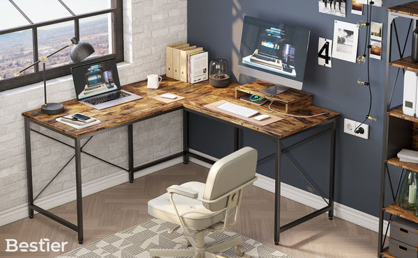 Bestier modern furniture L-Shaped Desk with Plug & Monitor Stand