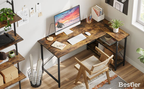 Bestier modern furniture L-Shaped Home Office Desk with Short Side l shaped computer desk with storage shelves