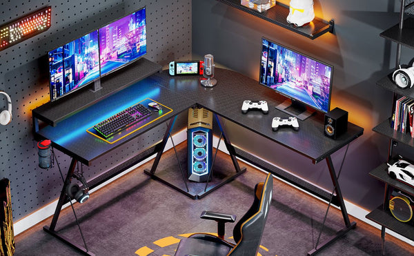 Bestier L-Shaped Gaming Desk with LED Lights and monitor stand