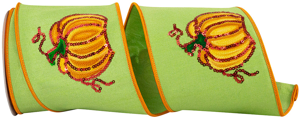 5 yards --- 4 inch -- Deluxe Pumpkin Sequin Embroidered Wired Edge Ribbon