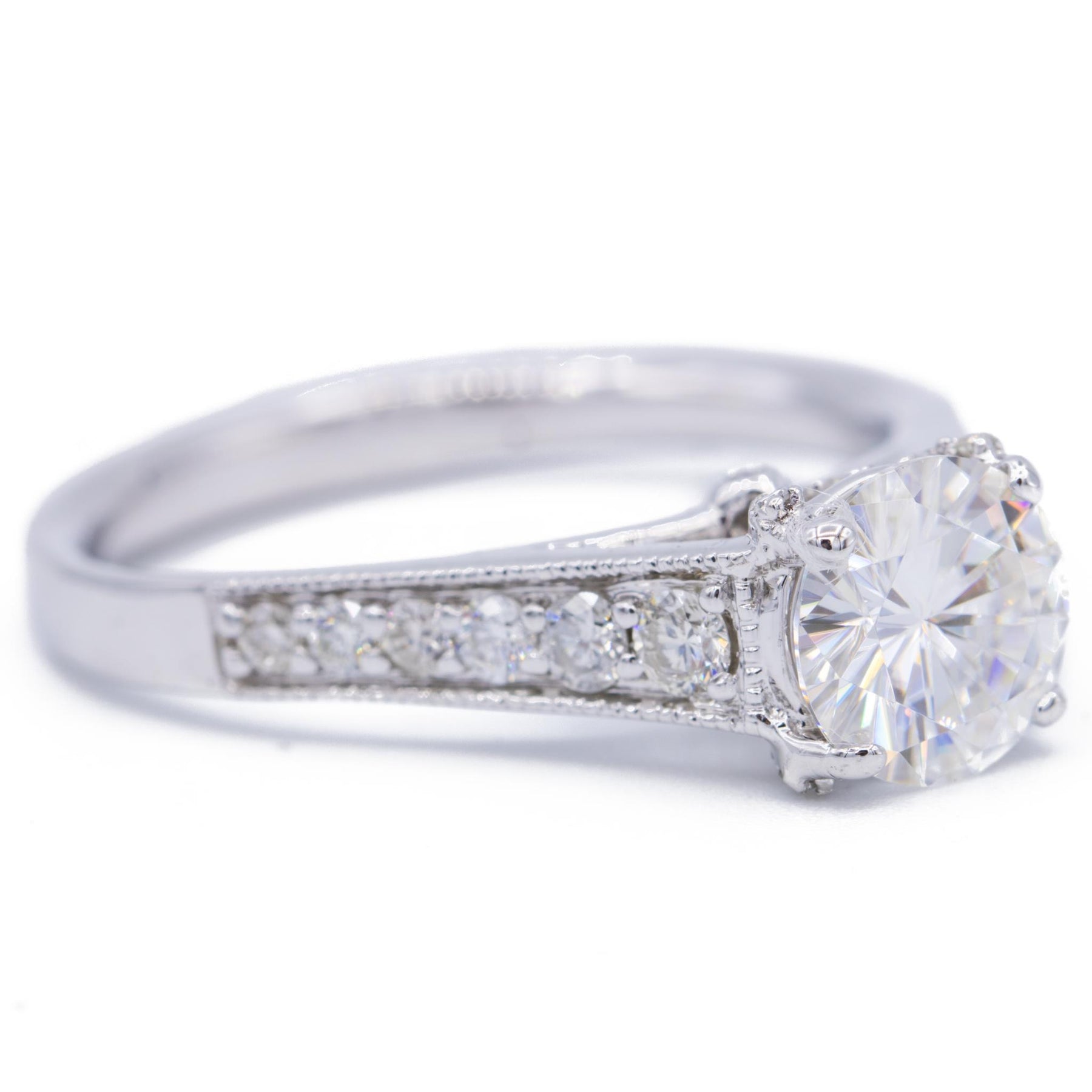 7.5mm Moissanite and Diamond Channel Set 14K White Gold Ring 2 Carat ...