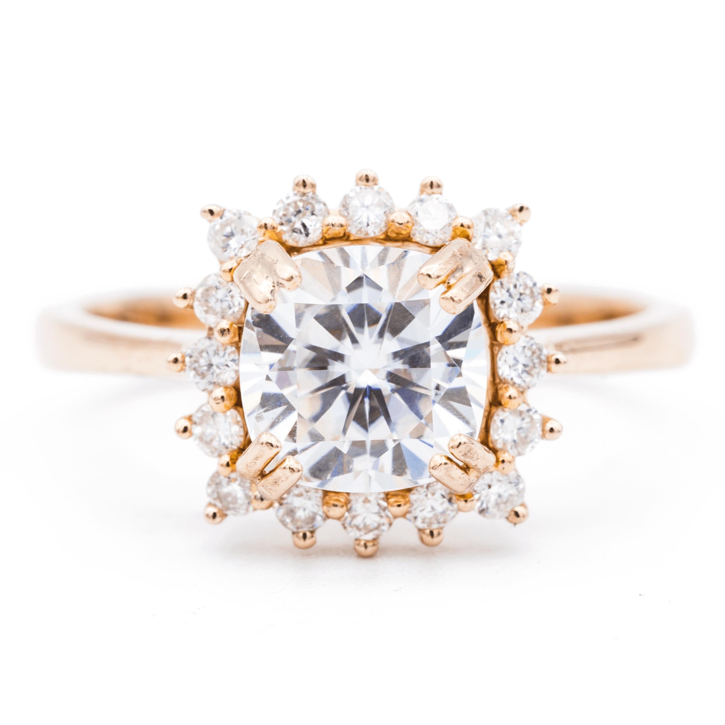 7mm Cushion Moissanite 14K Rose Gold Star Halo Diamond Accent Ring