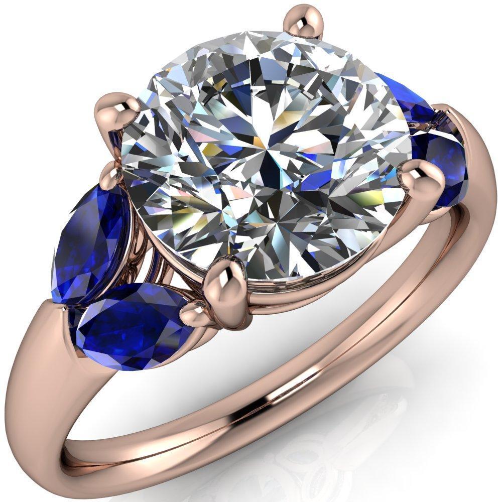 Adrenne Round Center Stone 4 Prong Double Blue Sapphire Marquise Side Ring