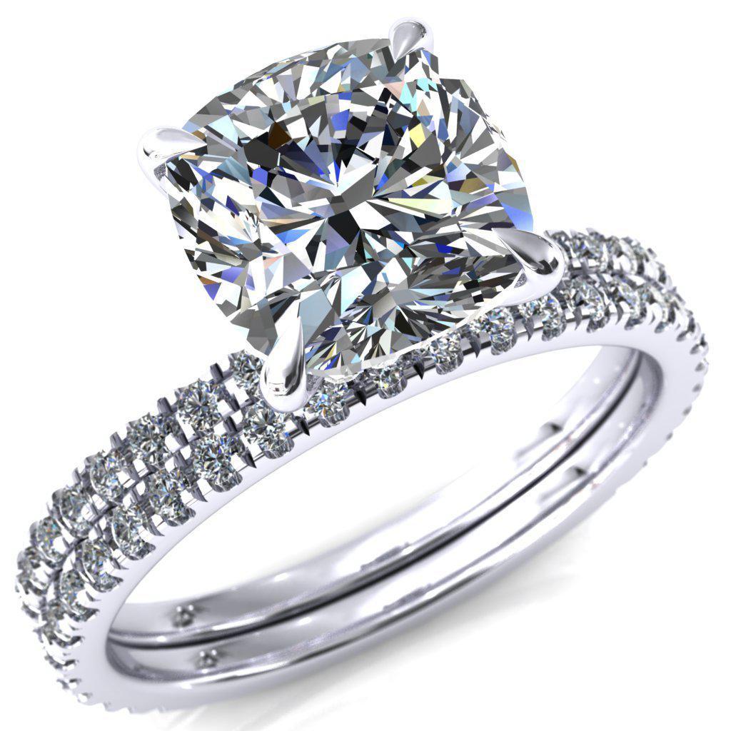 Alayna Cushion Moissanite 4 Claw Prong 3/4 Micro Pave Diamond Accent Ring Engagement Ring