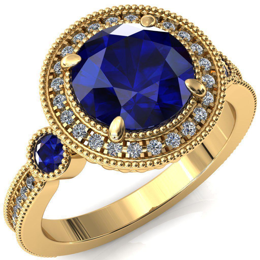 Brachium Round Blue Sapphire Bezel Milgrain Halo 3/4 Eternity Accent Diamond Ring