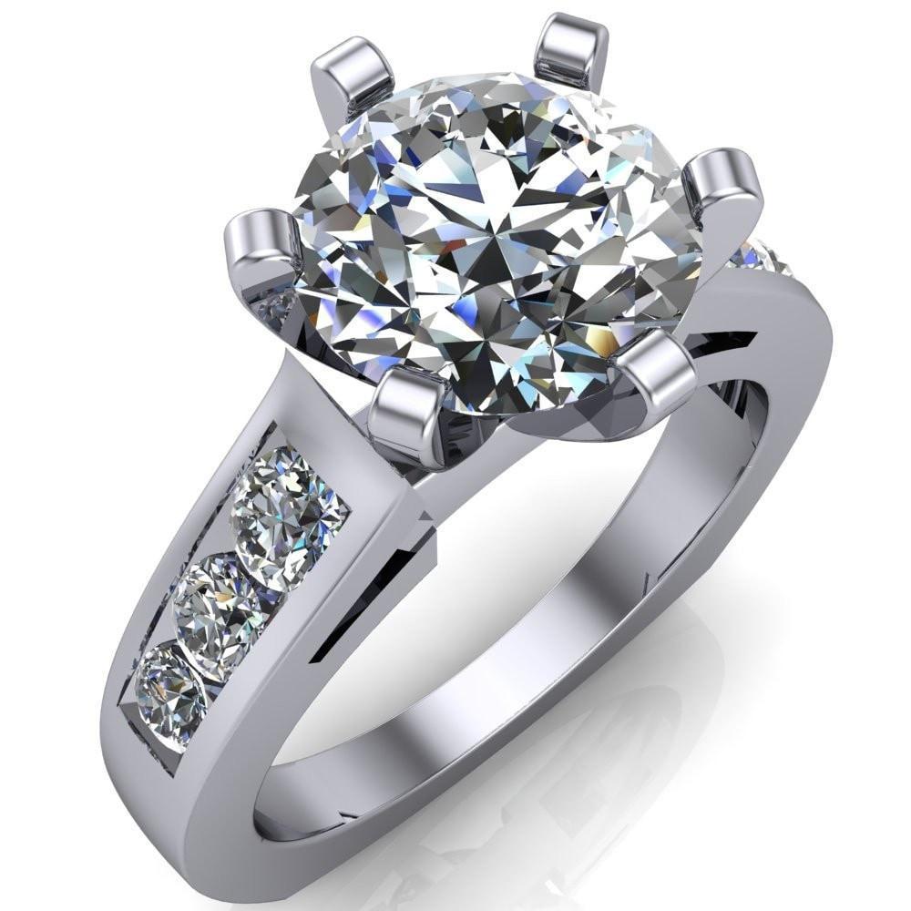 Calvin Round Center Stone 6 Prong Diamond Shoulders Cathedral Engagement Ring