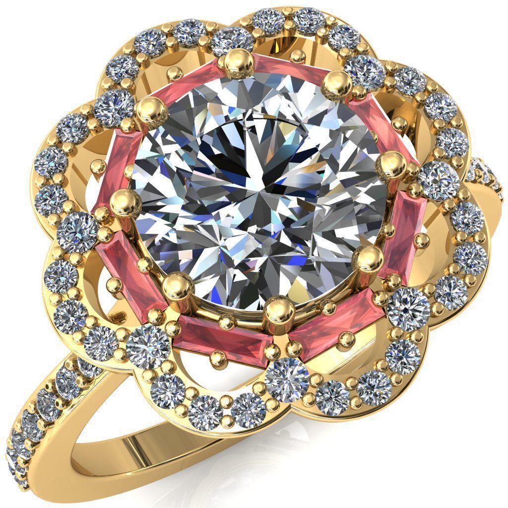 Camelia Round Center Stone Accent Diamond and Padparadscha Sapphire Halo Ring