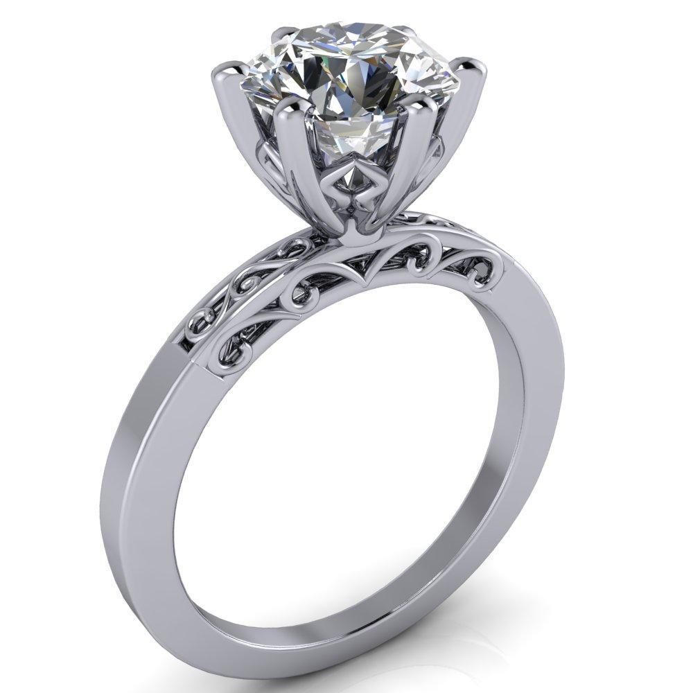 Eliza Round Center Stone Filigree Hollowed Quarter Band 6 Prong Serenade Solitaire Engagement Ring