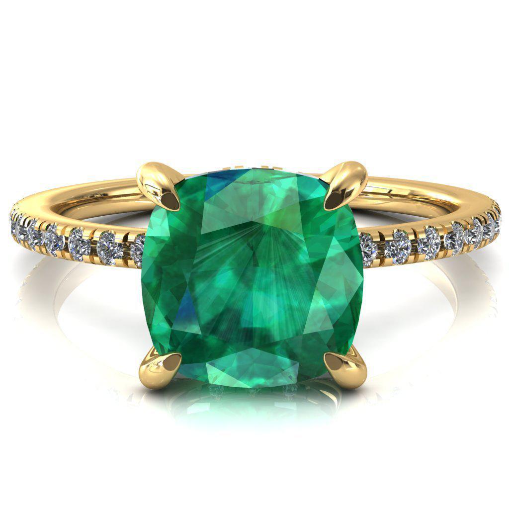 Ezili Cushion Emerald 4 Claw Prong Micro Pave Diamond Sides Engagement Ring