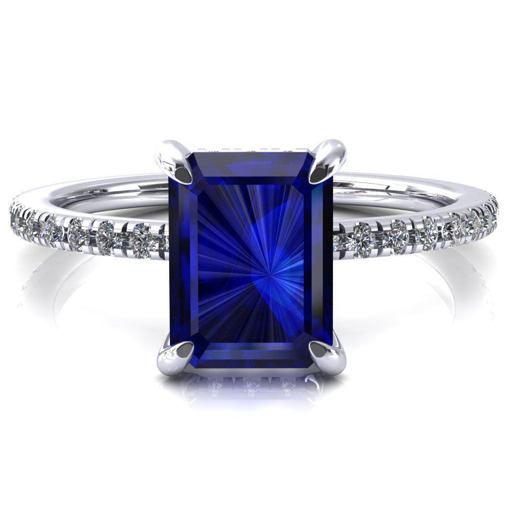 Ezili Emerald Blue Sapphire 4 Claw Prong Micro Pave Diamond Sides Engagement Ring