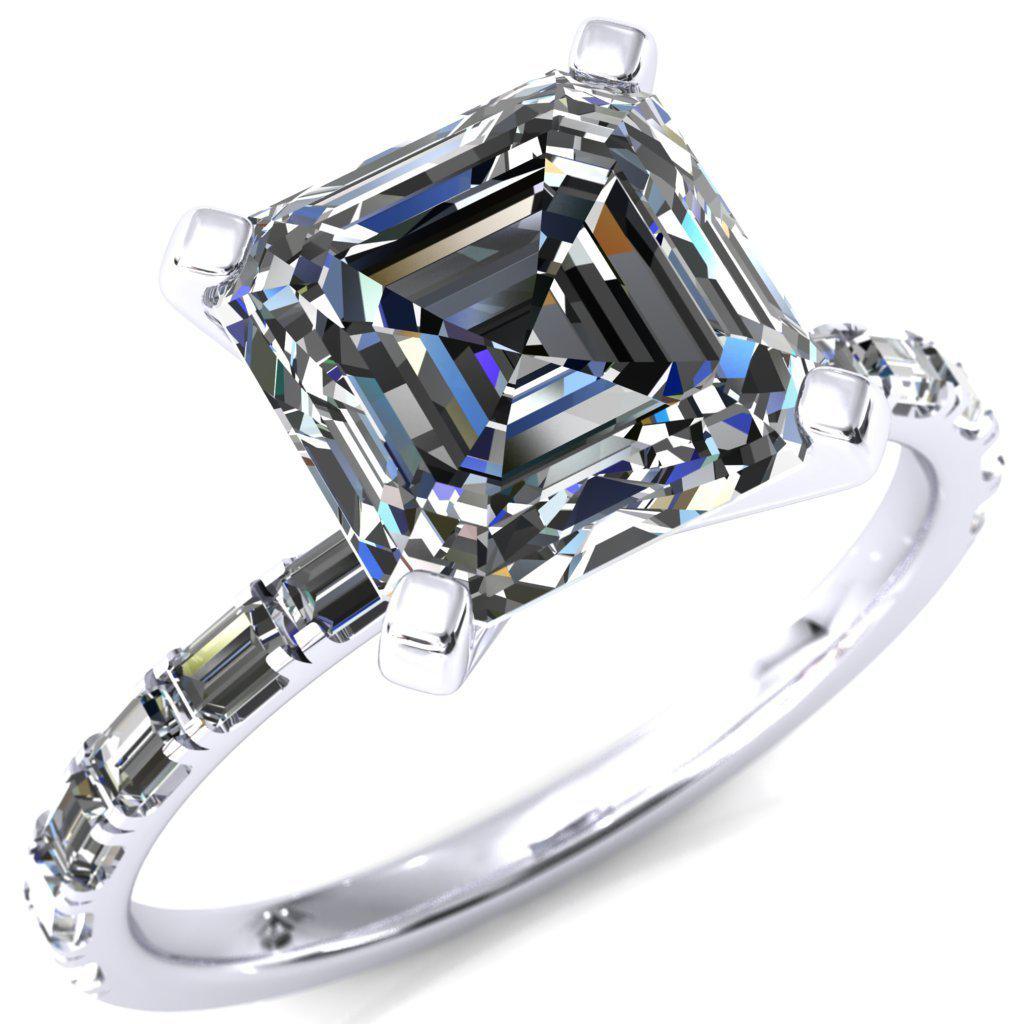 Judie Asscher Moissanite 4 V-Prong 1/2 Micropav茅 Baguette Diamond Accent Engagement Ring