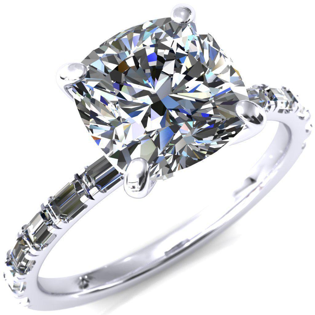 Judie Cushion Moissanite 4 V-Prong 1/2 Micropav茅 Baguette Diamon