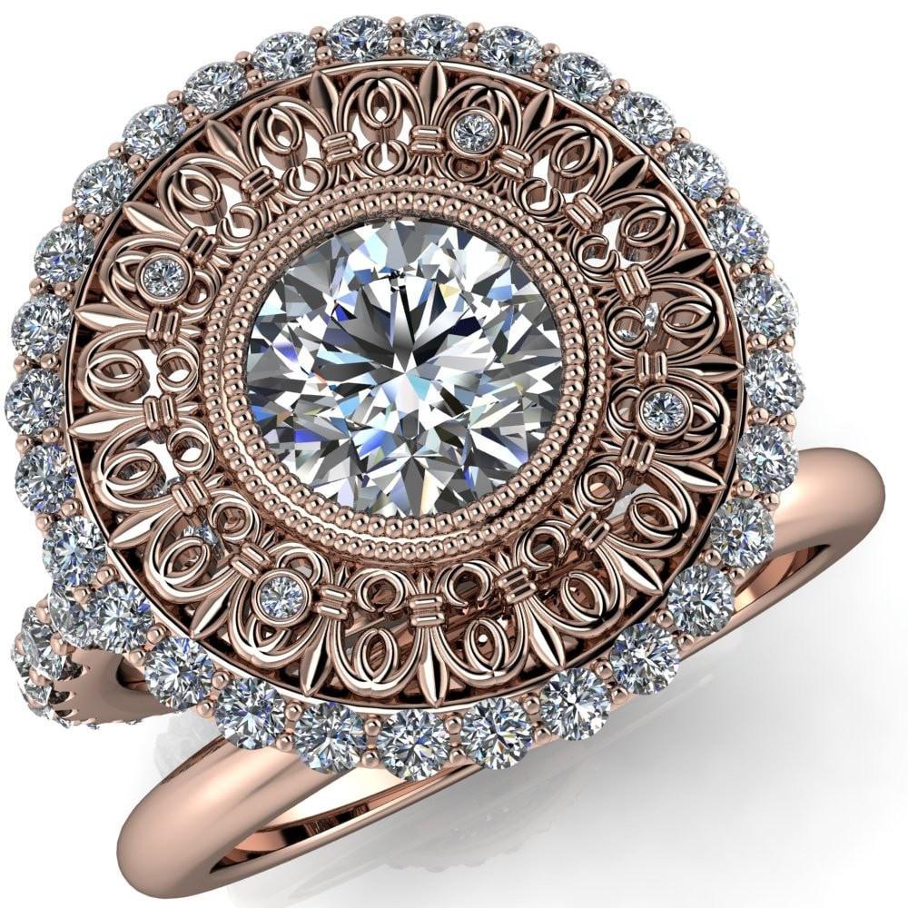 Keira Round Center Stone Bezel Set Halo Filigree Crown Ring