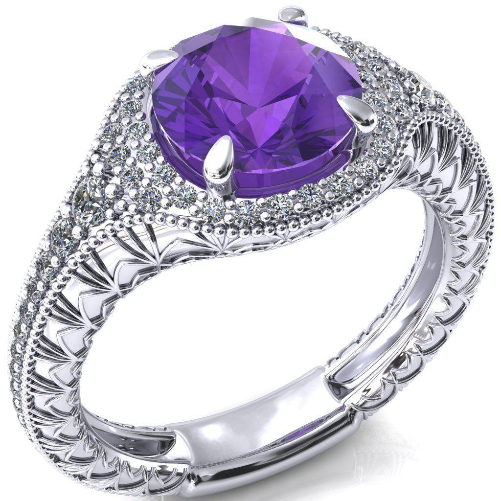 Kylee Round Amethyst Accent Diamond Milgrain and Filigree Design 4 Prong Engagement Ring