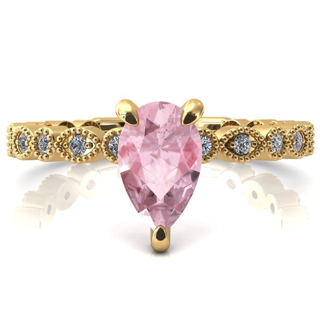 Lizette Pear Pink Sapphire 3 Claw Prong 3/4 Eternity Milgrain Diamond Shank Engagement Ring