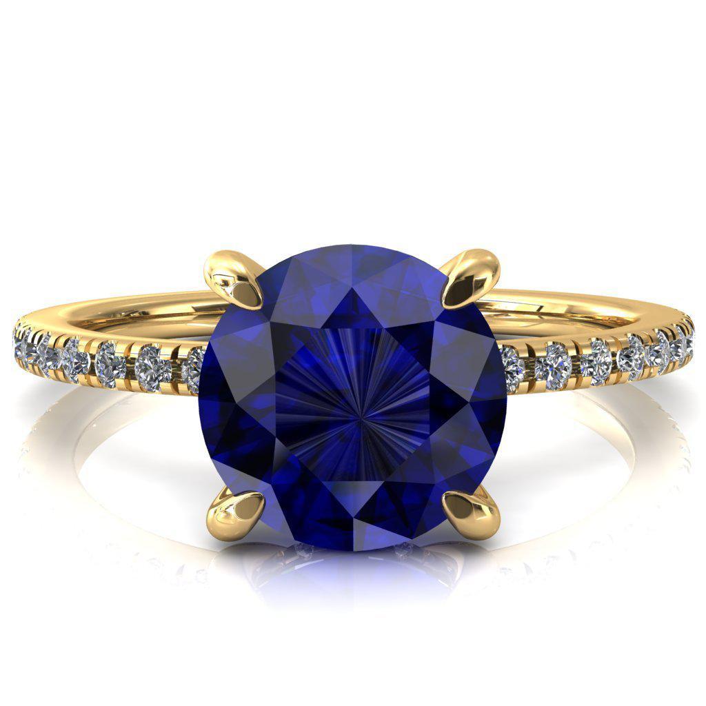 Mayeli Round Blue Sapphire 4 Claw Prong Micro Pave Diamond Sides Engagement Ring