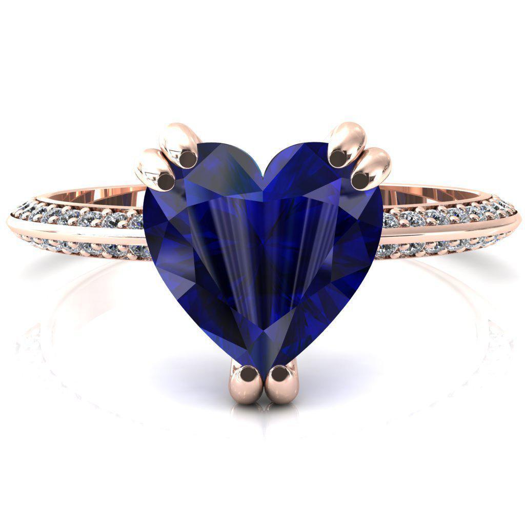 Nancy Heart Blue Sapphire 3 Double Prong 1/2 Eternity Diamond Knife Shank Accent Engagement Ring