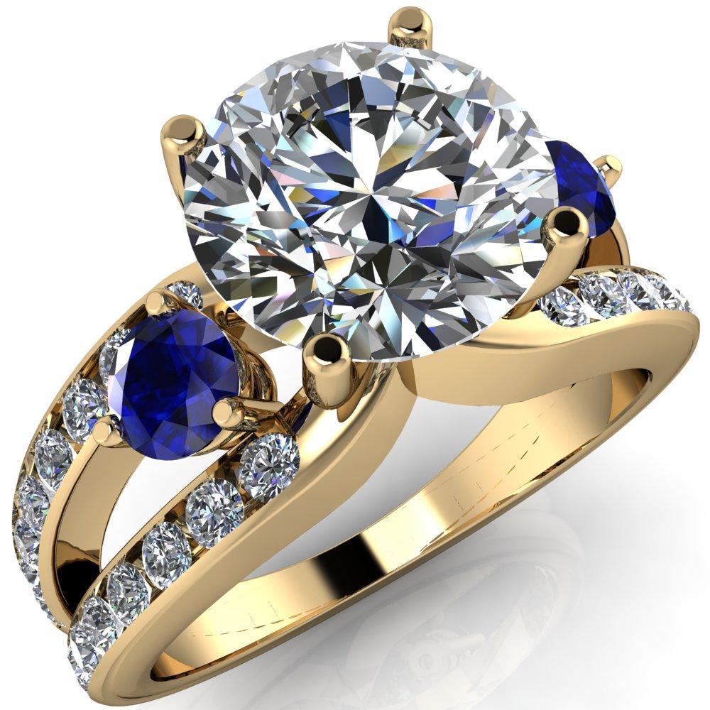 Orion Round Center Stone 2 Round Blue Sapphire Sides Split Shank Diamond Channel Set Ring