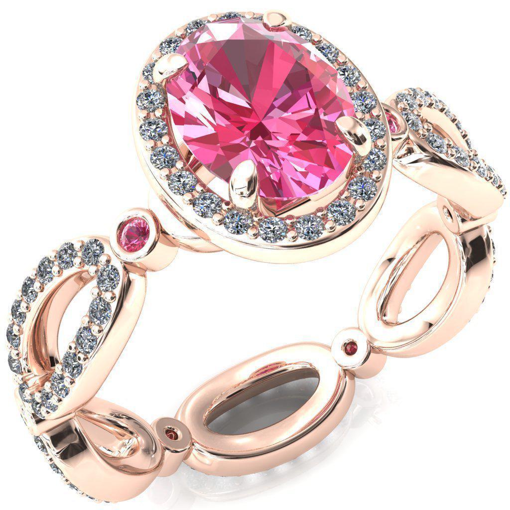 Polaris Oval Pink Sapphire Diamond Halo Full Eternity Pink Sapphire Bezel Diamond Accent Ring