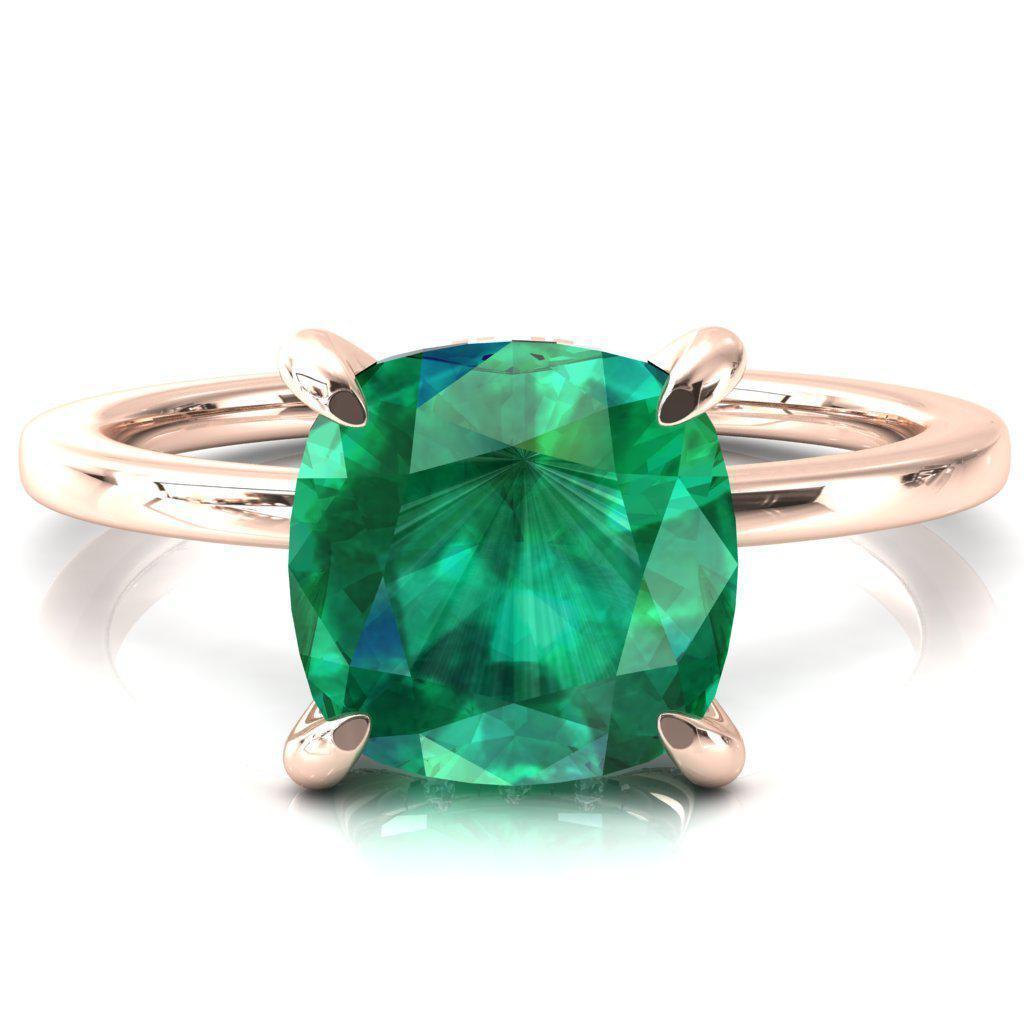 Rosy Cushion Emerald 4 Claw Prong Single Rail Micropave Engagement Ring