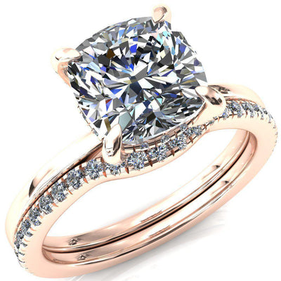 Rosy Cushion Moissanite 4 Claw Prong Single Rail Micropave Engagement Ring-FIRE & BRILLIANCE