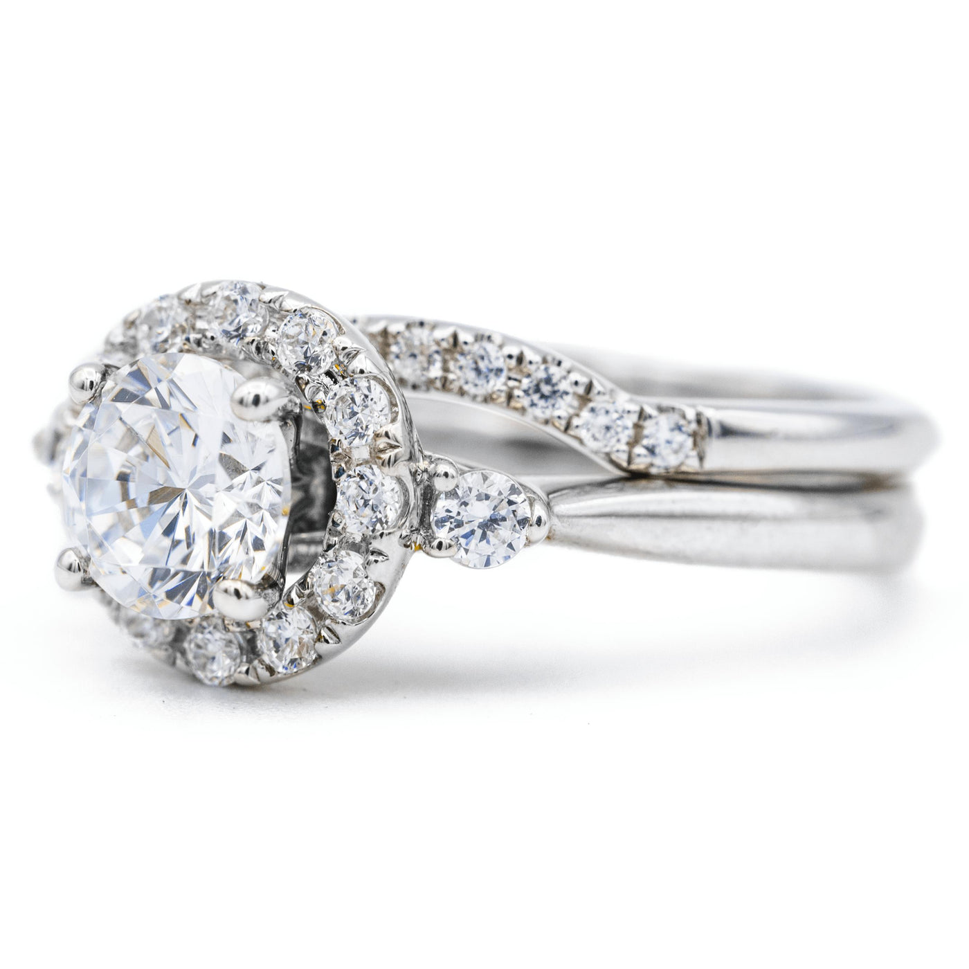 Round Moissanite 14K White Gold Halo Diamond Shank Ring – FIRE & BRILLIANCE