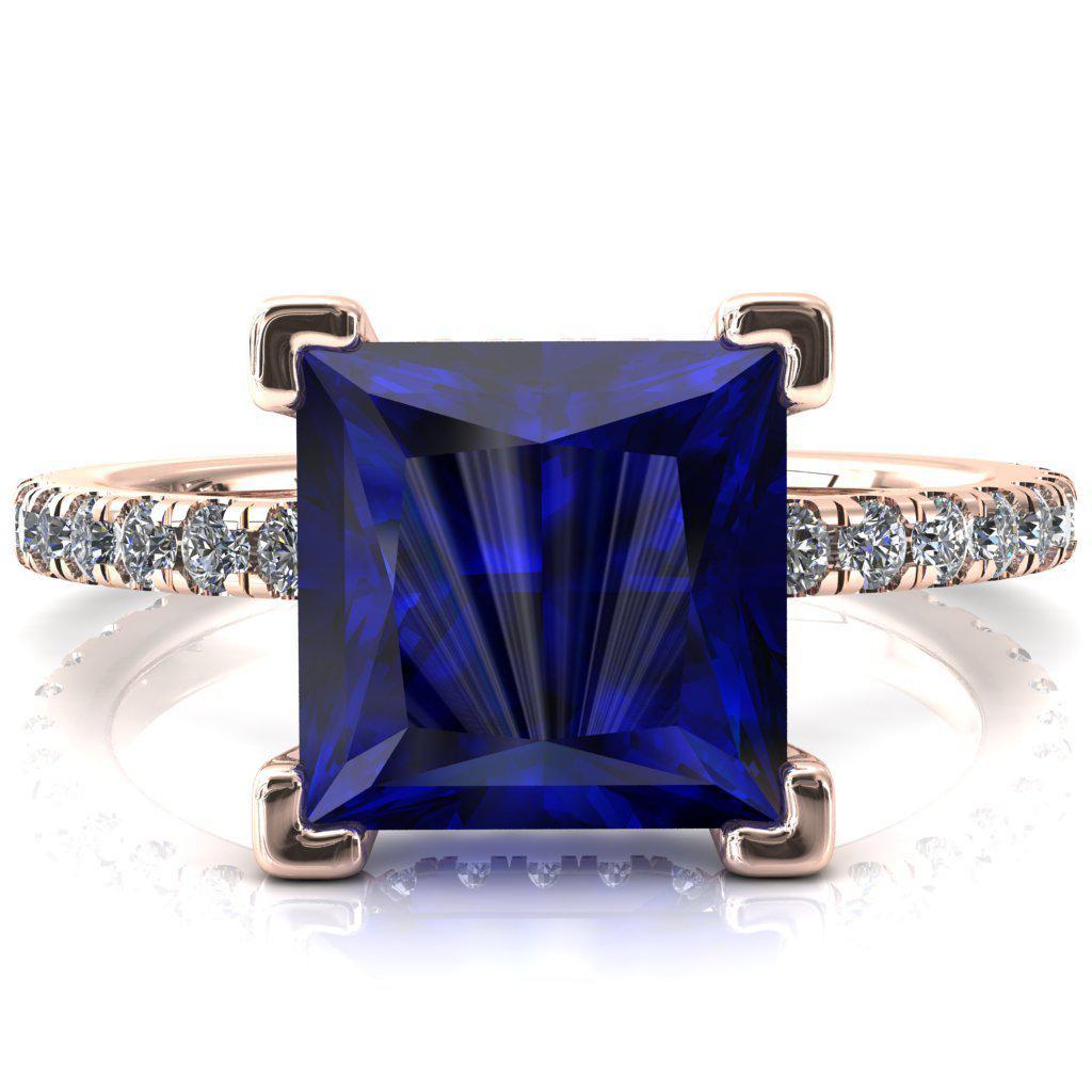 Sicili Princess Blue Sapphire 4 Prong 3/4 Micro Pave Diamond Engagement Ring