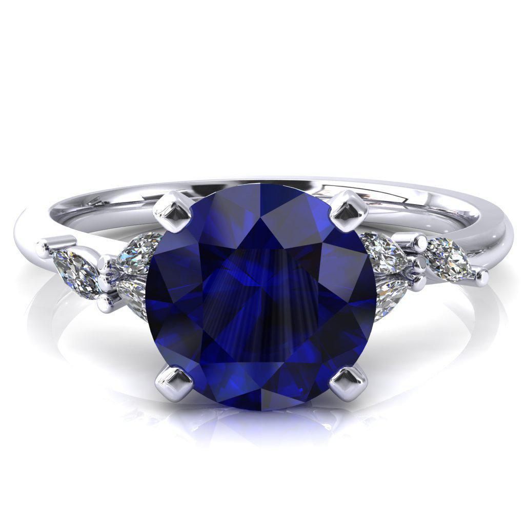 Sigrid Round Blue Sapphire 4 Prong Marquise Diamond Side  Ring