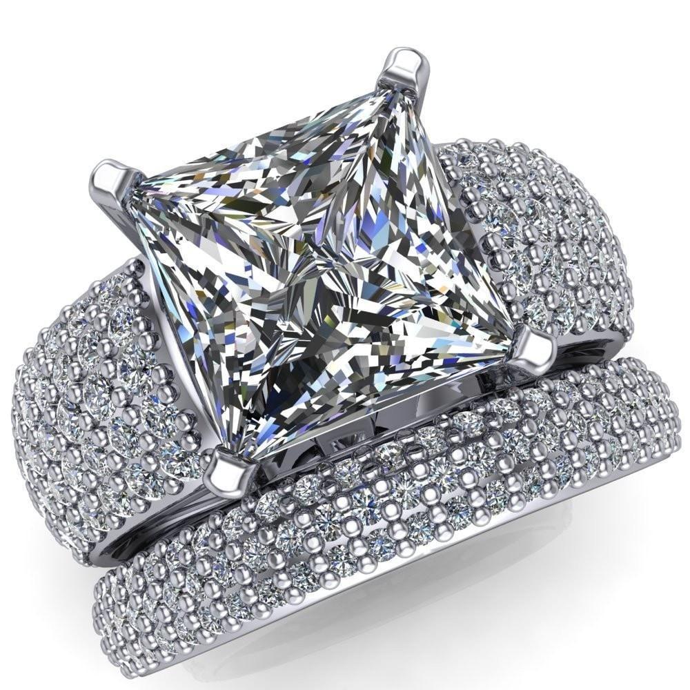 Tabitha Princess/Square Diamond Encrusted Thick Band 4 Prong Cathedral Ring