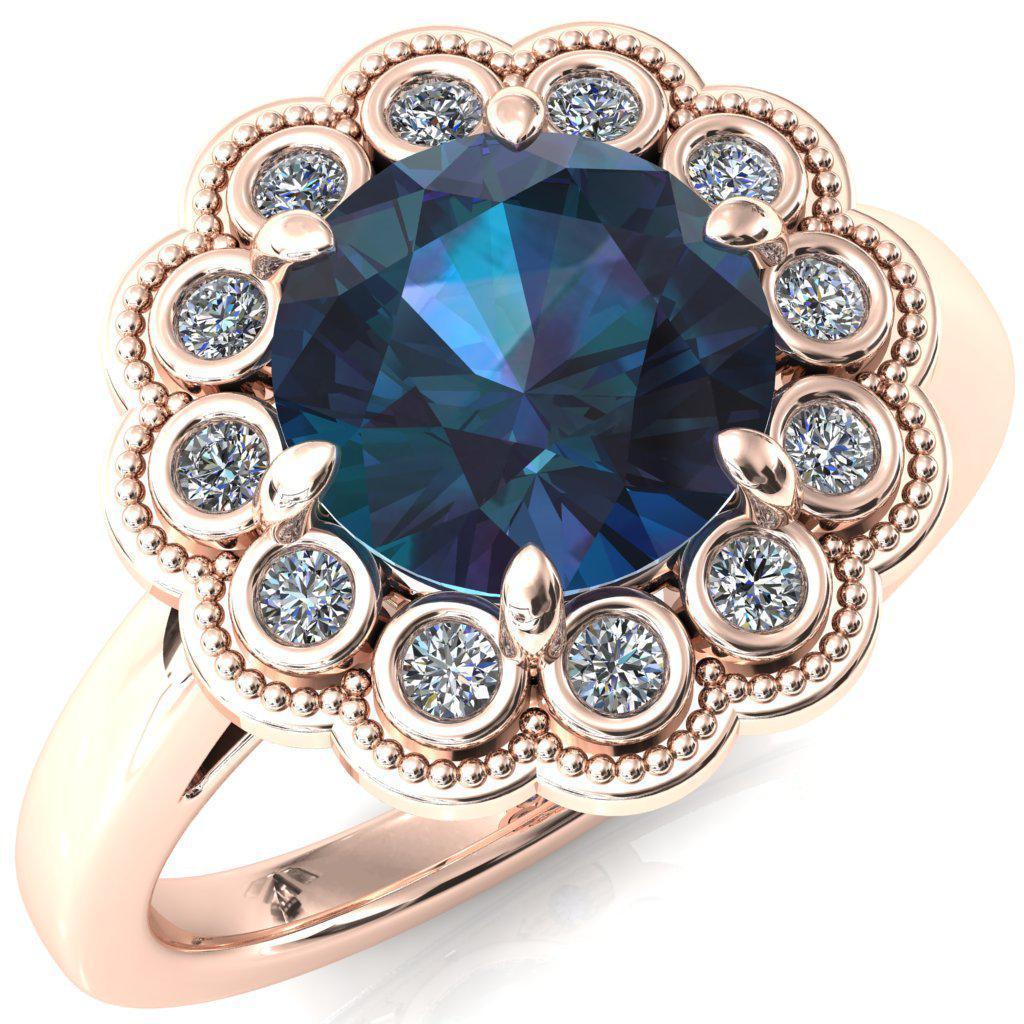 Zinnia Round Alexandrite 6 Prong Milgrain Diamond Halo Cathedral Engagement Ring