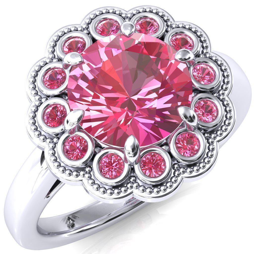 Zinnia Round Pink Sapphire 6 Prongs Milgrain Halo Accent Pink Sapphire Ring