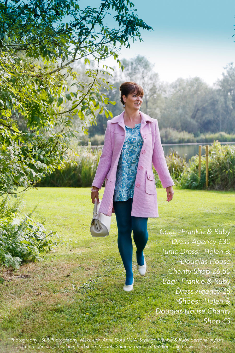 A model in a pink coat wearing secondhand clothes