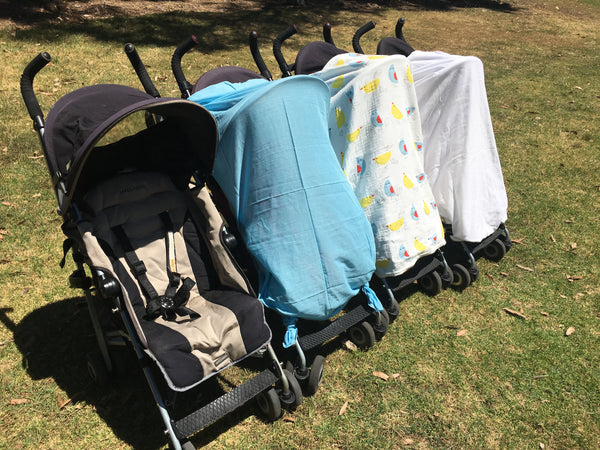4 strollers: 1 uncovered, 1 with muslin,1 with musluv cover and 1 with blanket
