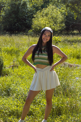 ANABEL HAVING FUN IN THE FIELD WITH A CROCET SWEATER, HAIR SCARF AND TENNIS SKIRT