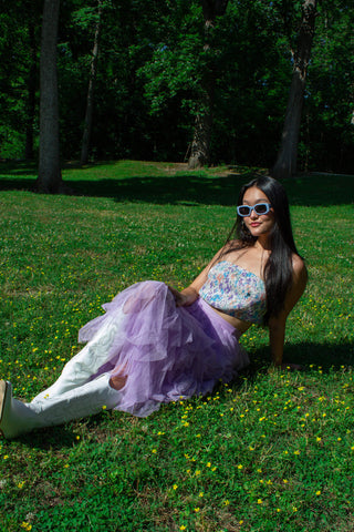 ANABEL IN PURPLE TULLE SKIRT AND WHITE COWBOY BOOTS