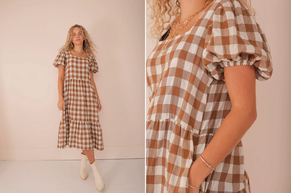 Shop the Samantha checkered dress. our Samantha Checkered Dress is versatile for any occasion! Complete with a square neckline, puffed sleeve, pockets, and tea length hemline,