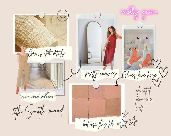 Mood board for our 12th south opening. We will be using unique elements for the store interior decor like pink tile, pink carpet on the walls and lots of pretty gold accents.