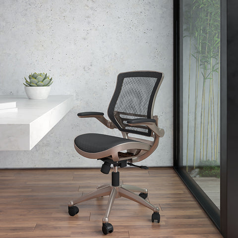 Flash Furniture Mid-Back Transparent Black Mesh Executive Swivel Chair with Melrose Gold Frame and Flip-Up Arms