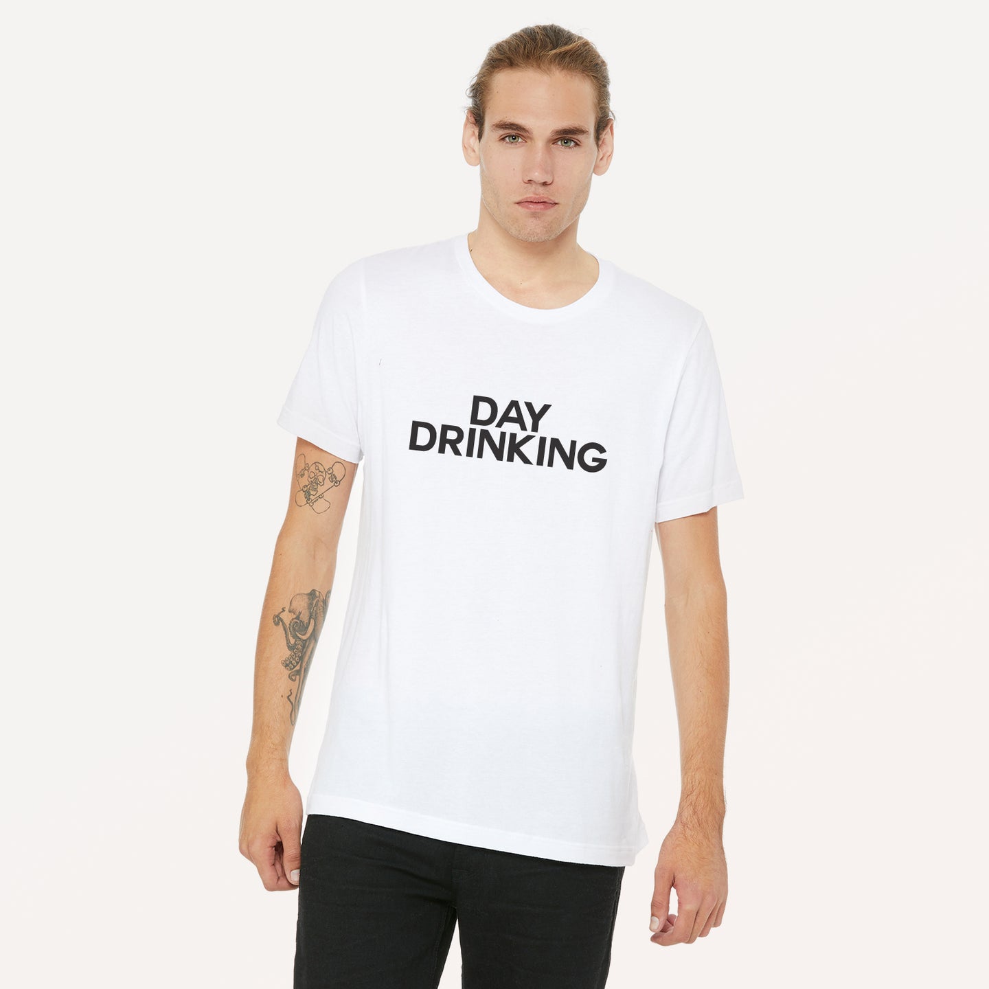 Day Drinking graphic screenprinted in black on a white unisex soft cotton jersey t-shirt.
