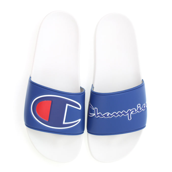 blue and white champion slides