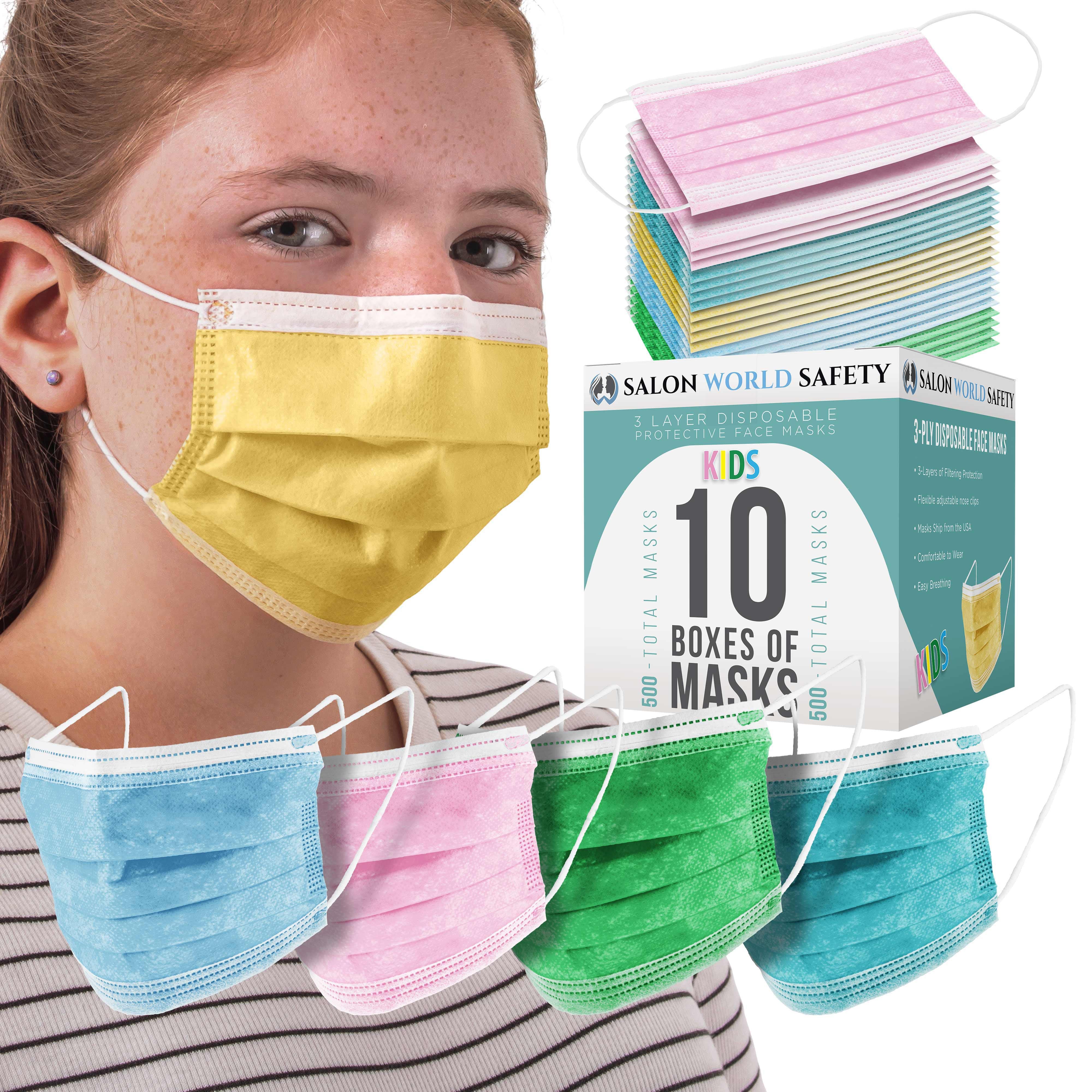 Kids Masks - Bulk 10 Boxes (500 Masks) in Sealed Dispenser Boxes of 50 - 5 Colors, 100 Each - 3 Layer Disposable Protective Chil - salonworldsafety product image