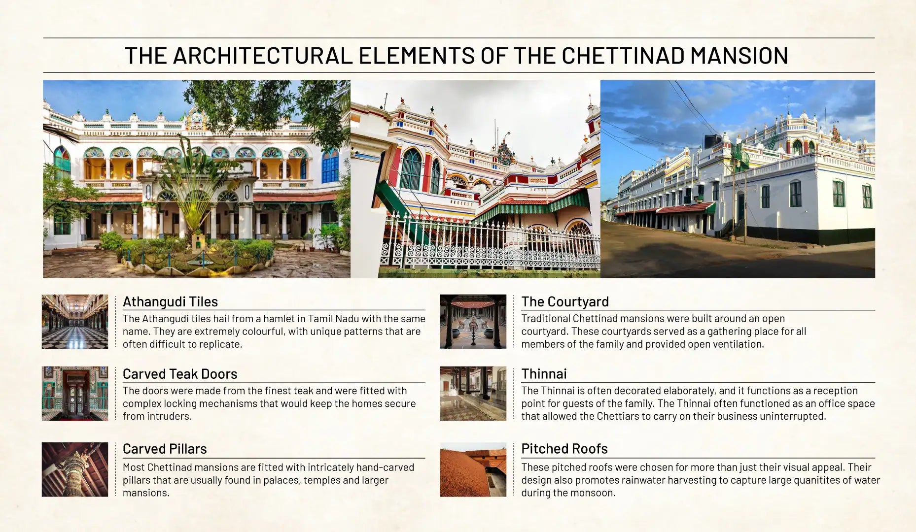 Architectural details of the Chettinadu Mansion highlighting its unique design and historical significance.