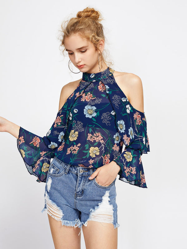 Blue Floral Chiffon Top - Boho Buys