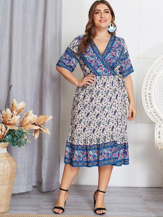 Plus Size Blue Floral Border Wrap Midi Dress - Boho Buys